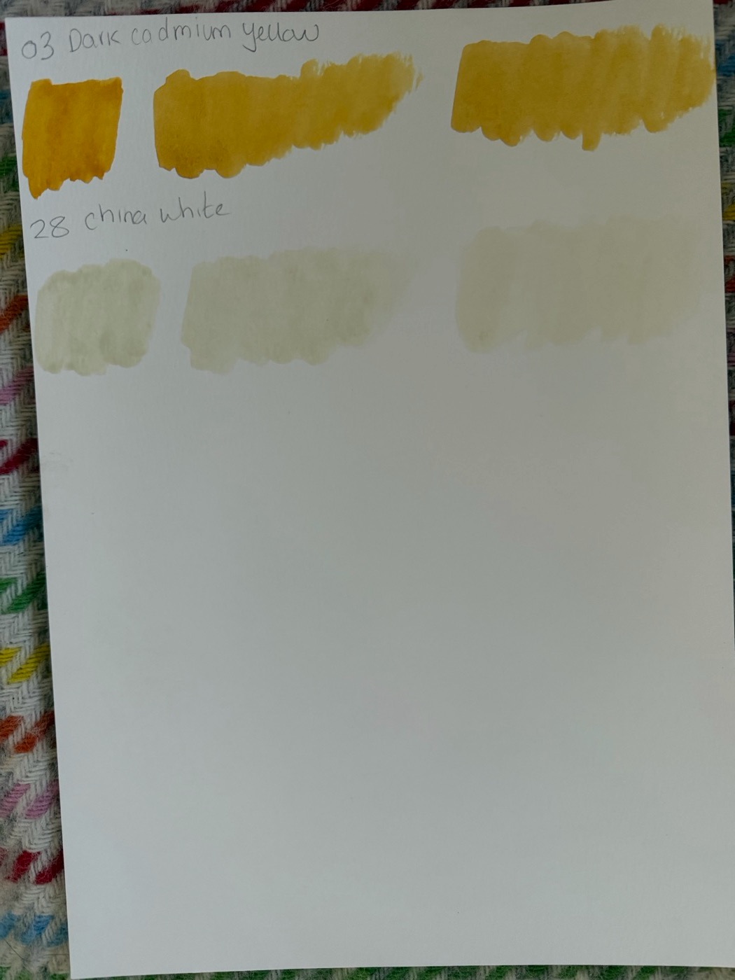 Swatches: Dark Cadmium Yellow, China White