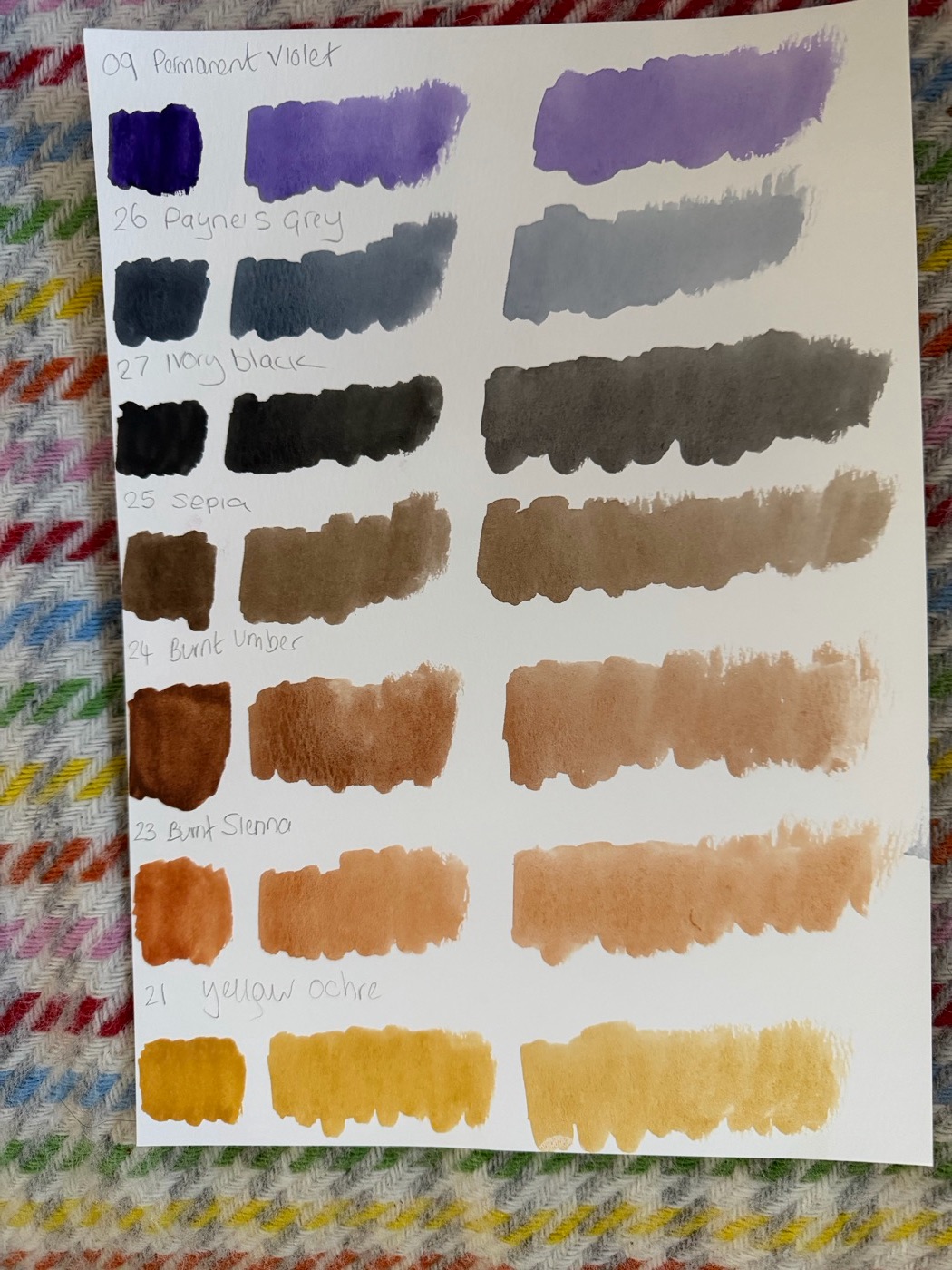 Swatches: violet, greys, earths